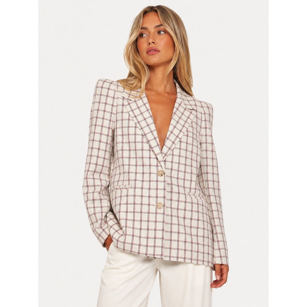 Storets Plaid Blazer Cream Red Blue Check Padded Shoulder Jacket XS New